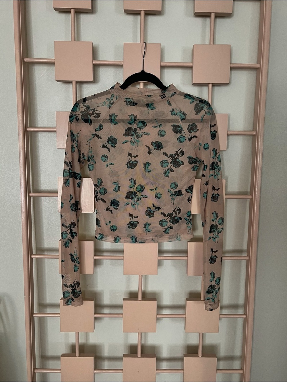 Women's Beige Sheer Long-Sleeve Floral Crop Top